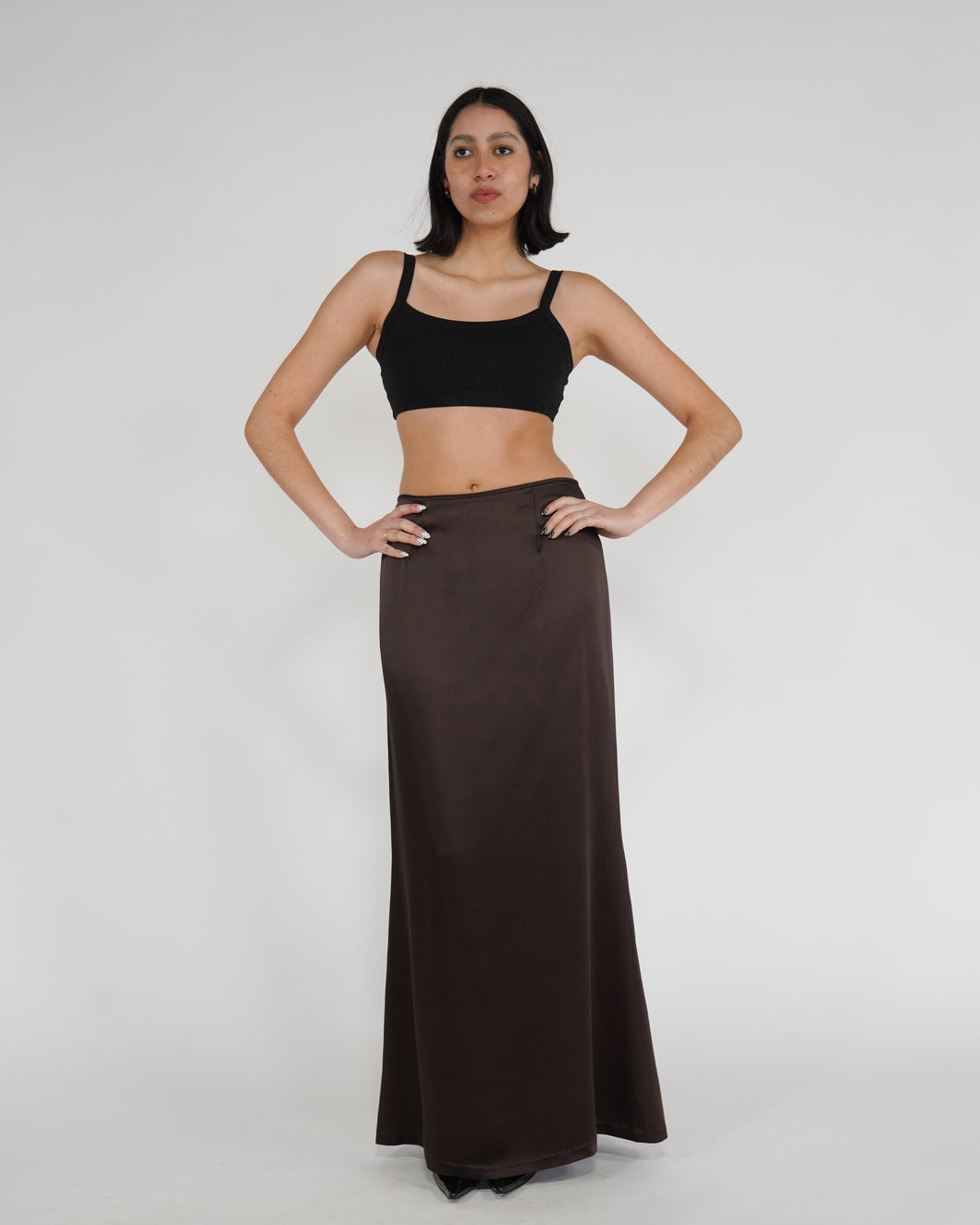 Chocolate Brown Satin Maxi Skirt
